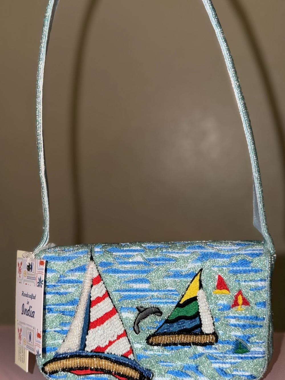 NWT Beaded Nautical Sailboat Shoulder Bag Coastal Summer Purse Handcrafted